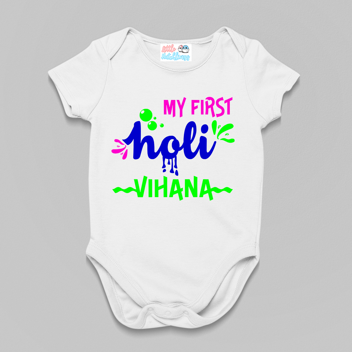 My First Holi Personalised White Onesie / Romper / Tshirt (Waves & Bubbles)