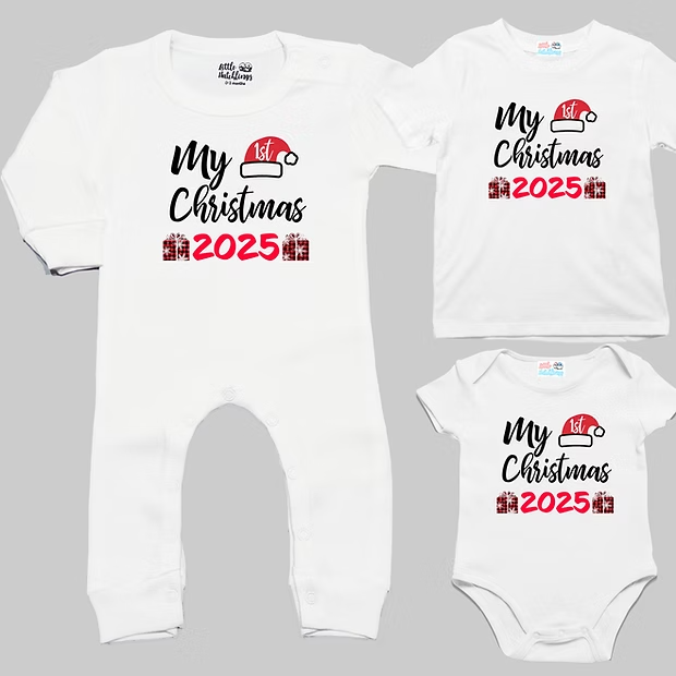 My 1st Christmas 2025 With Plaid Gift White Onesie / Full Romper / Tshirt