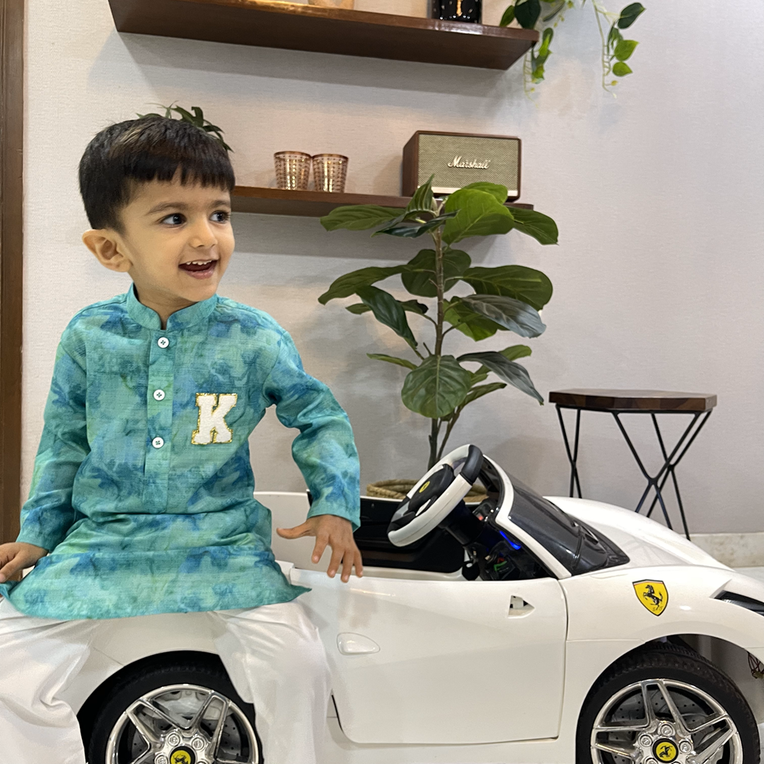 Neonish Blue Green Splash Kurta Set (with Initial)