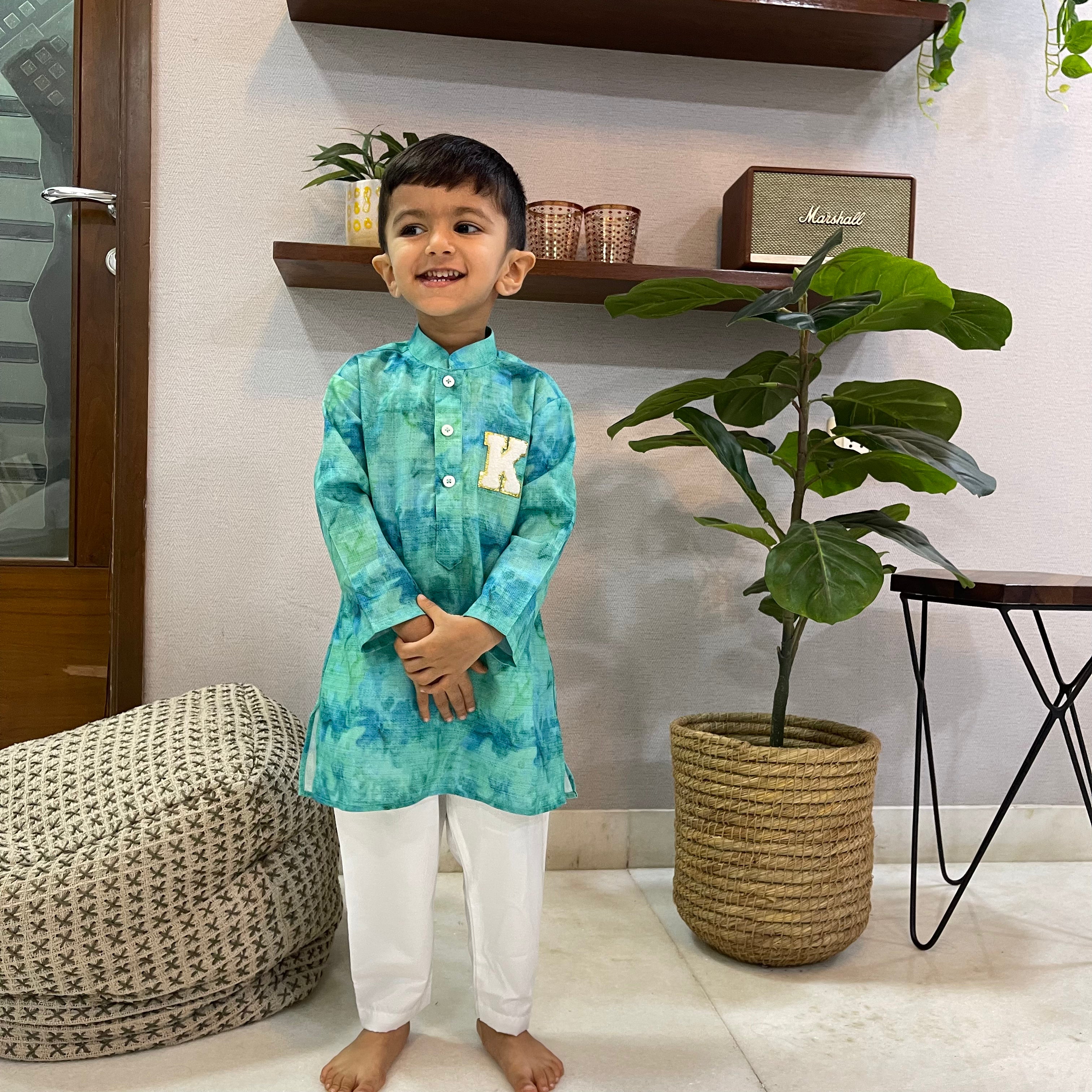 Neonish Blue Green Splash Kurta Set (with Initial)