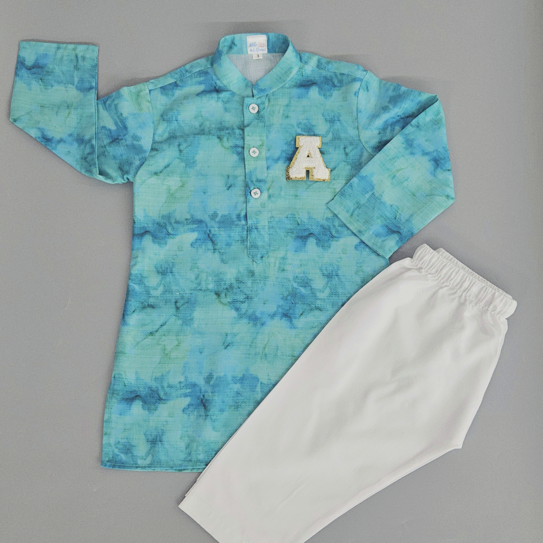 Neonish Blue Green Splash Kurta Set (with Initial)