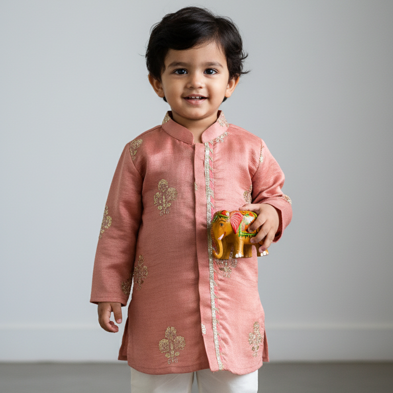 Peach Silk Full Open Kurta Set With Embroidery 8-10 Years