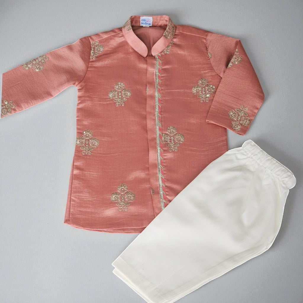 Peach Silk Full Open Kurta Set With Embroidery 8-10 Years
