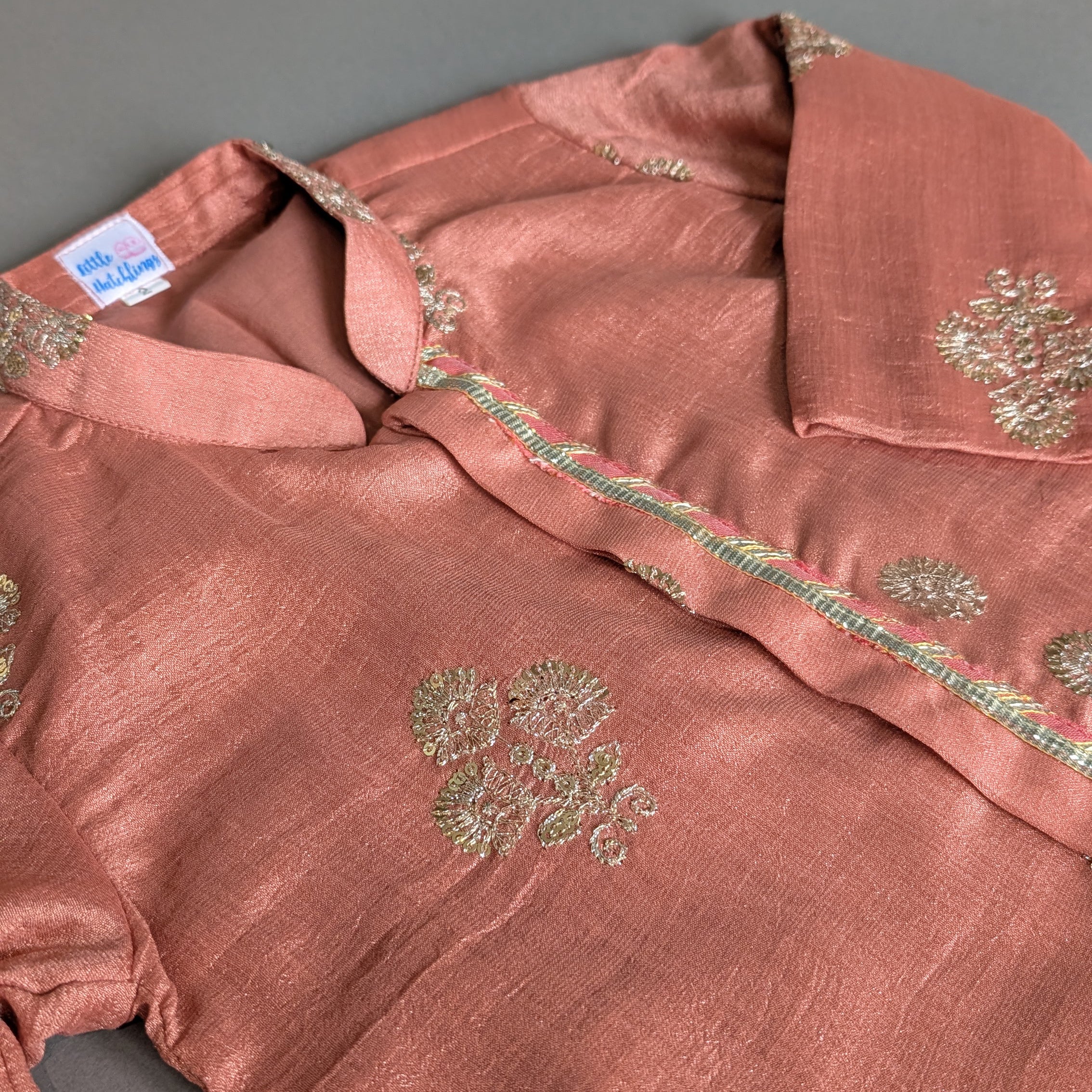 Peach Silk Full Open Kurta Set With Embroidery 8-10 Years