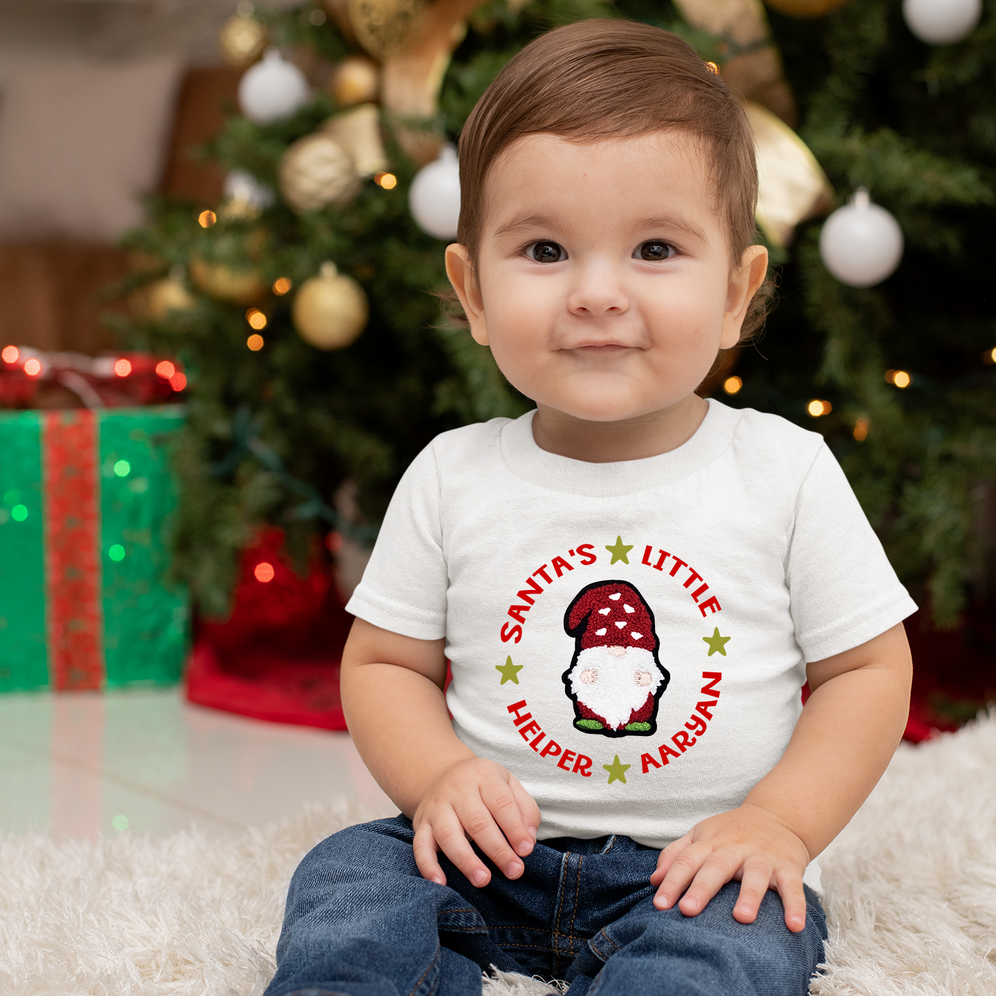 Santa's Helper Embossed Applique White Onesie / Romper / Tshirt