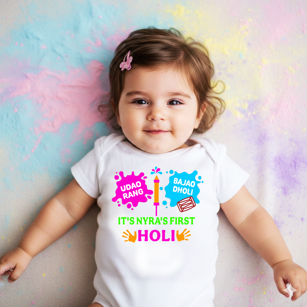 Udao Rang Bajao Dholi First Holi White Onesie/ Full Romper / Tshirt