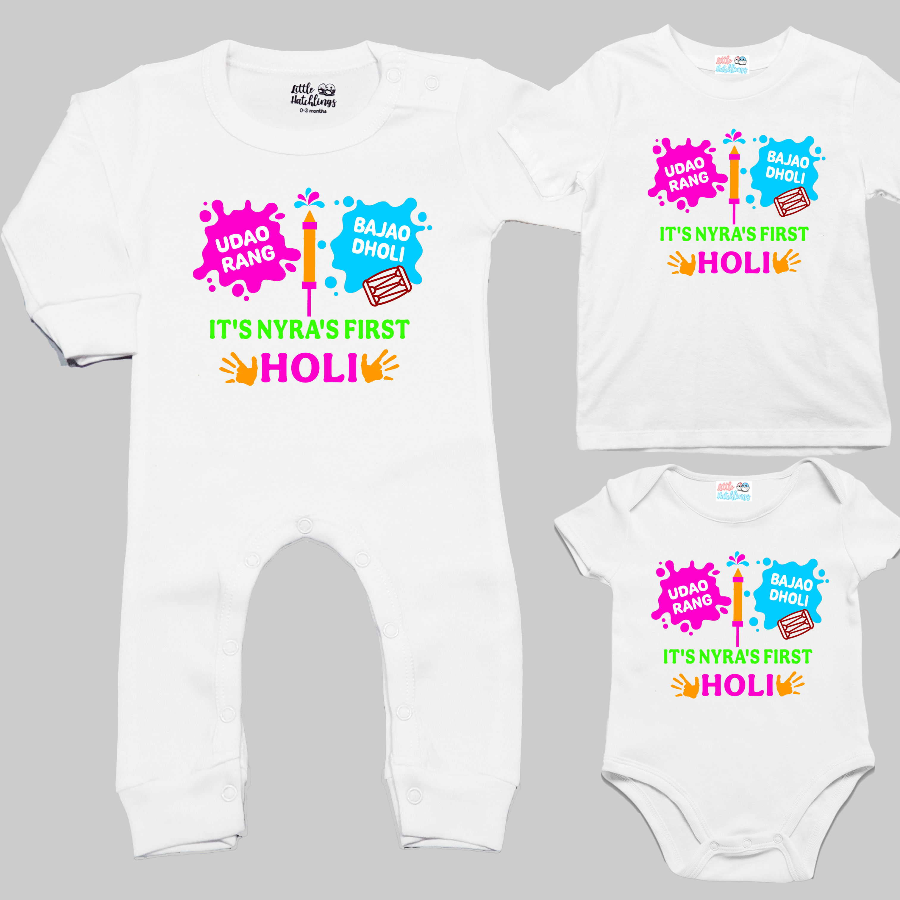 Udao Rang Bajao Dholi First Holi White Onesie/ Full Romper / Tshirt
