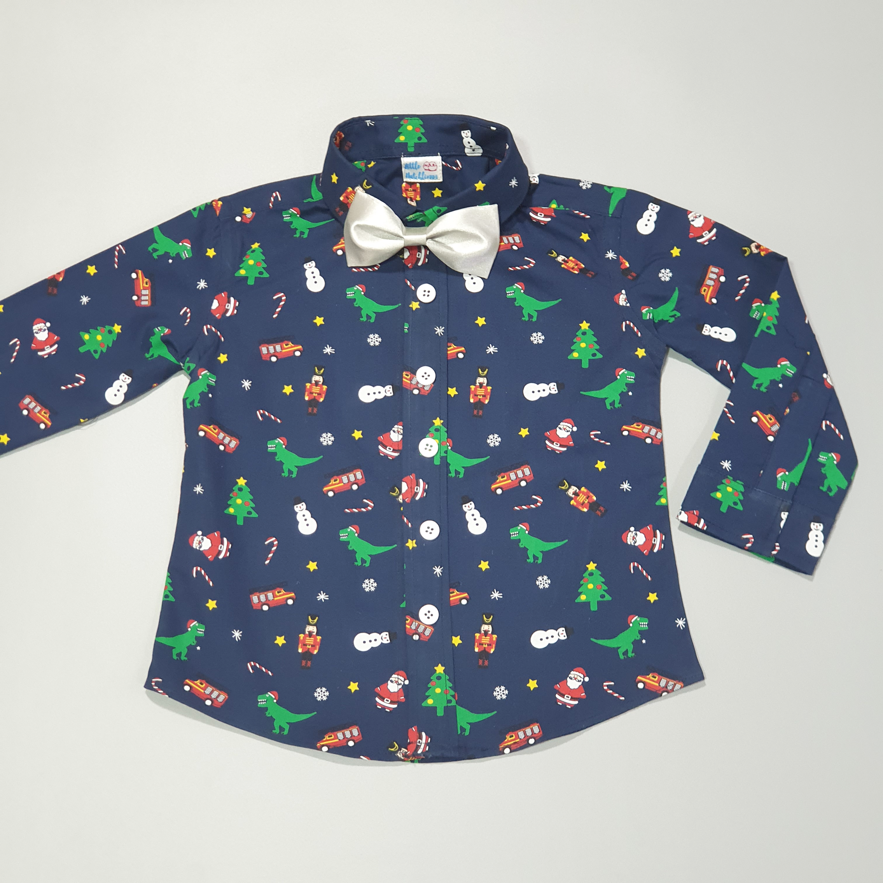 Christmas Blue Shirt with Bow Tie (Dino-Tree)