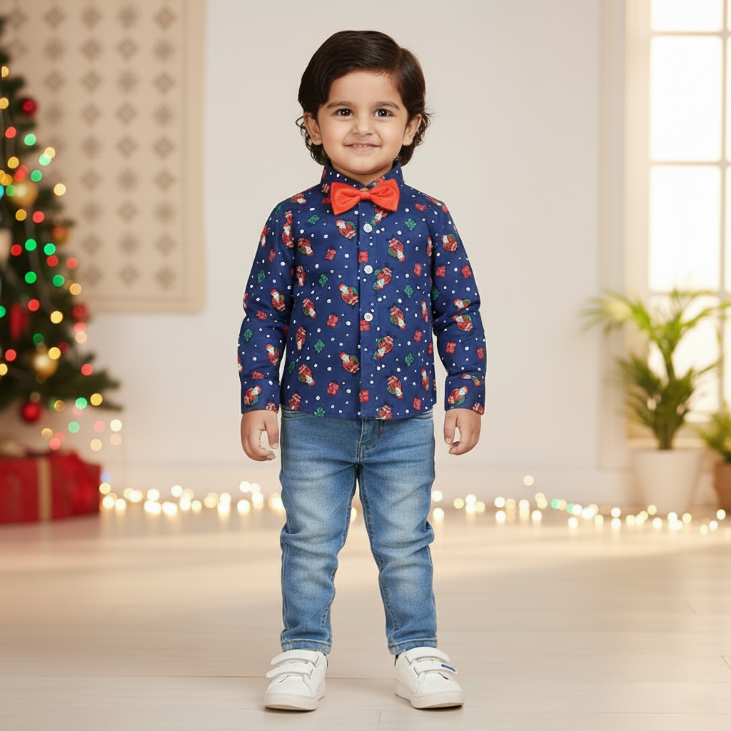 Christmas Blue Shirt with Bow Tie (Santa)