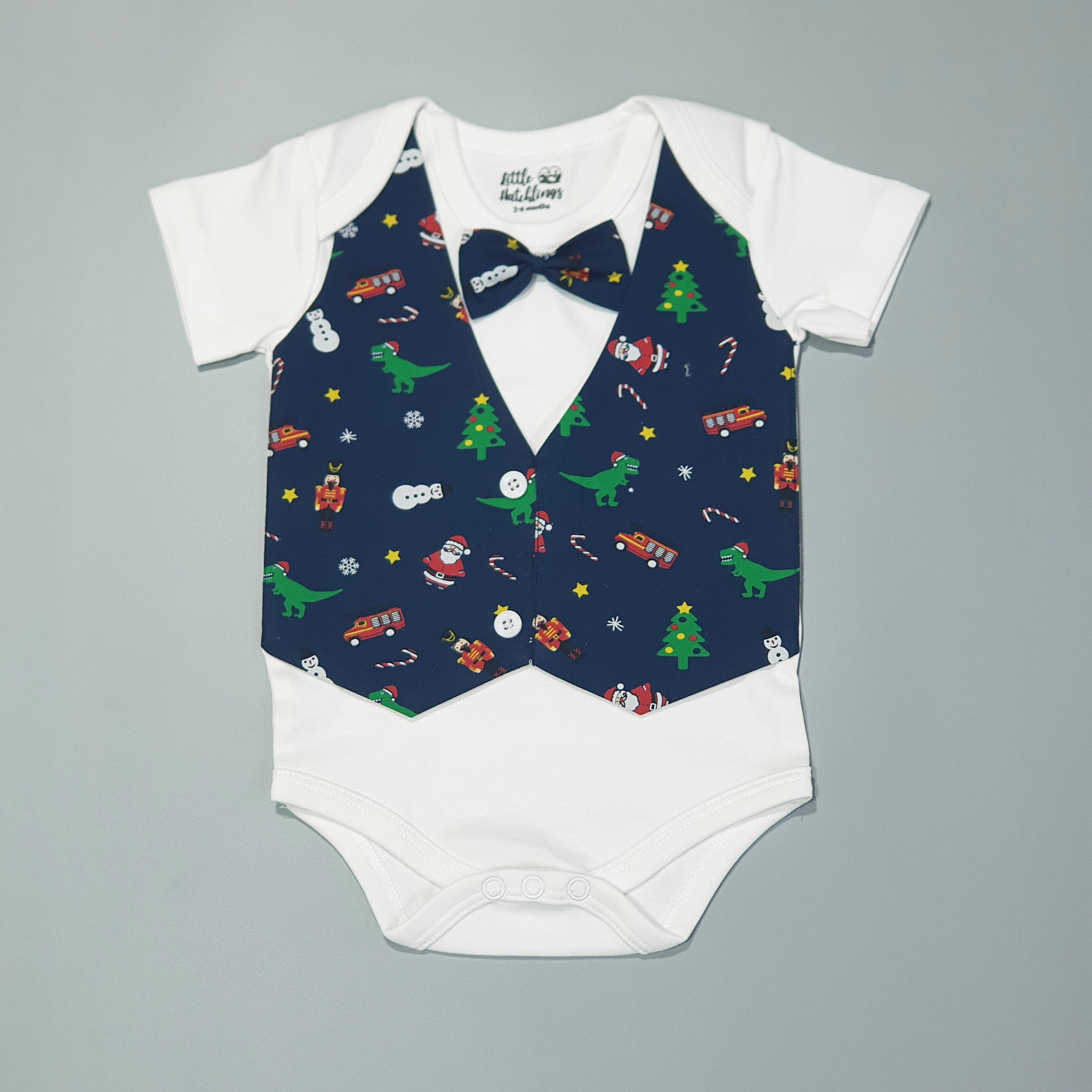 Xmas White Onesie with Attached Blue Santa-Dino Jacket