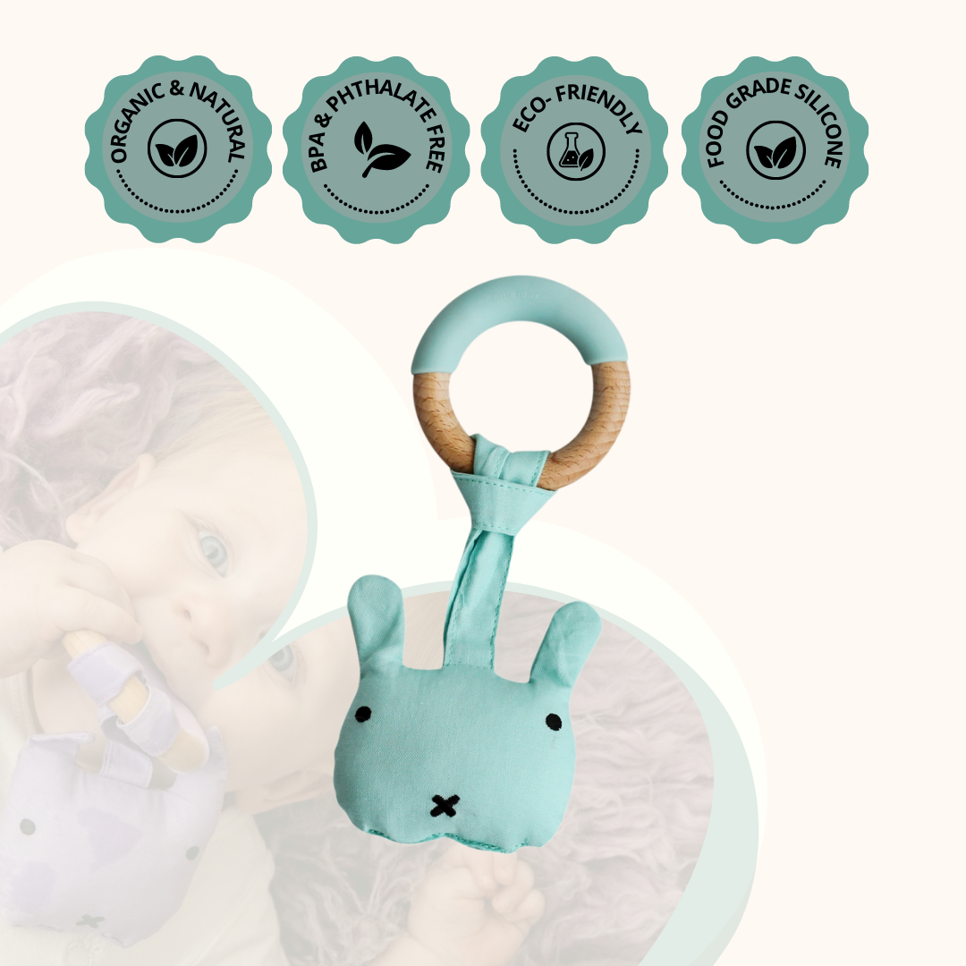 Wood Plush Rattle Teether Toy - Blue