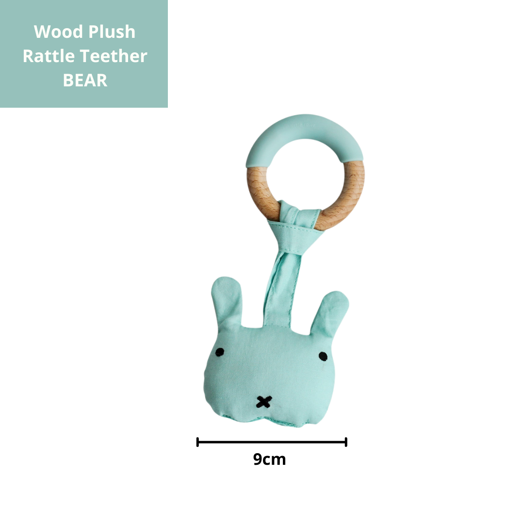 Wood Plush Rattle Teether Toy - Blue