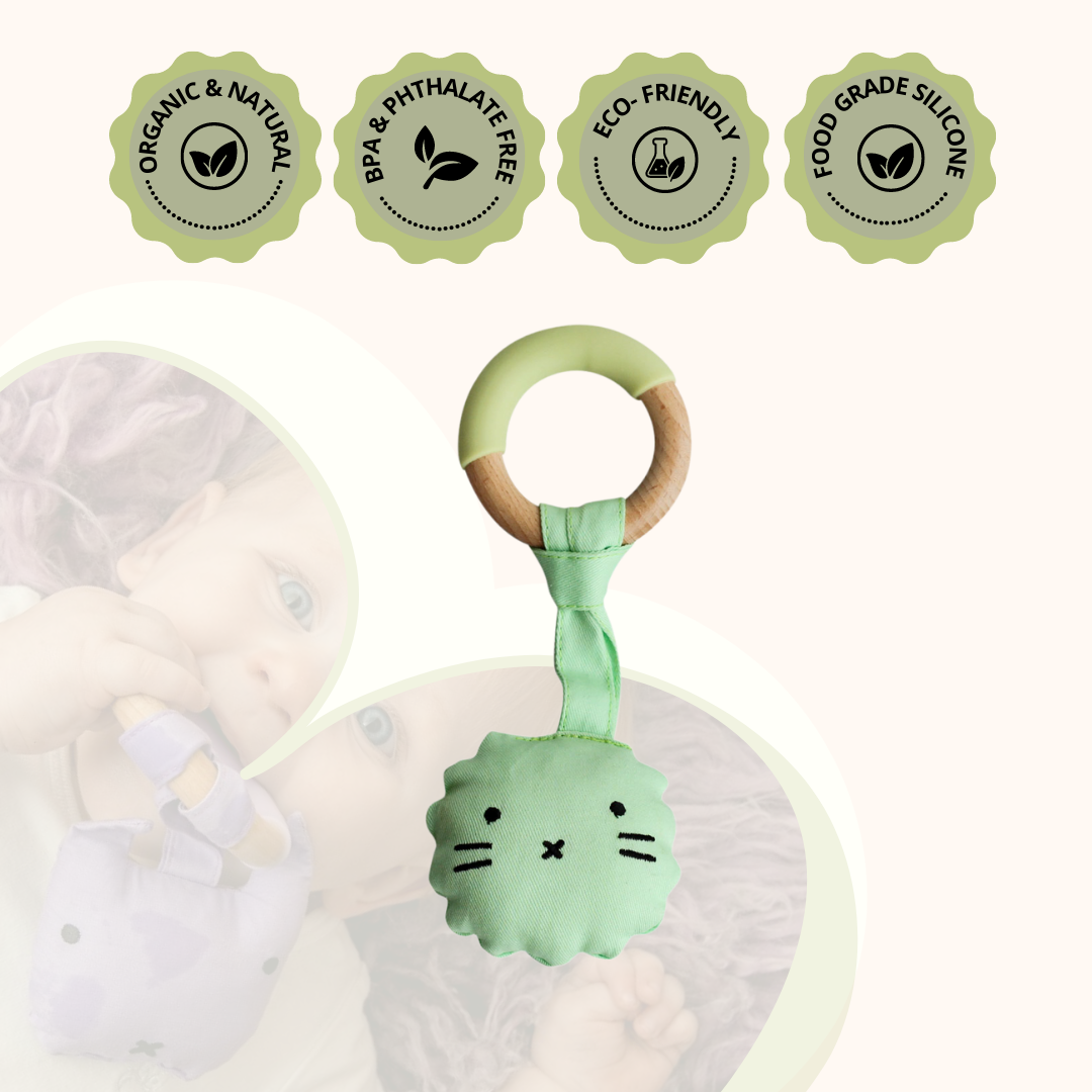 Wood Plush Rattle Teether Toy - Green