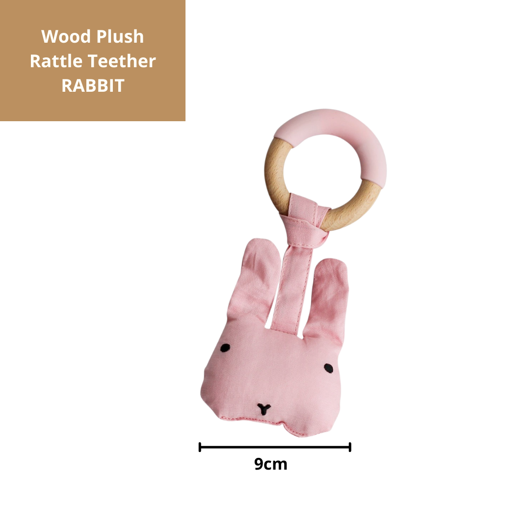 Wood Plush Rattle Teether Toy - Pink