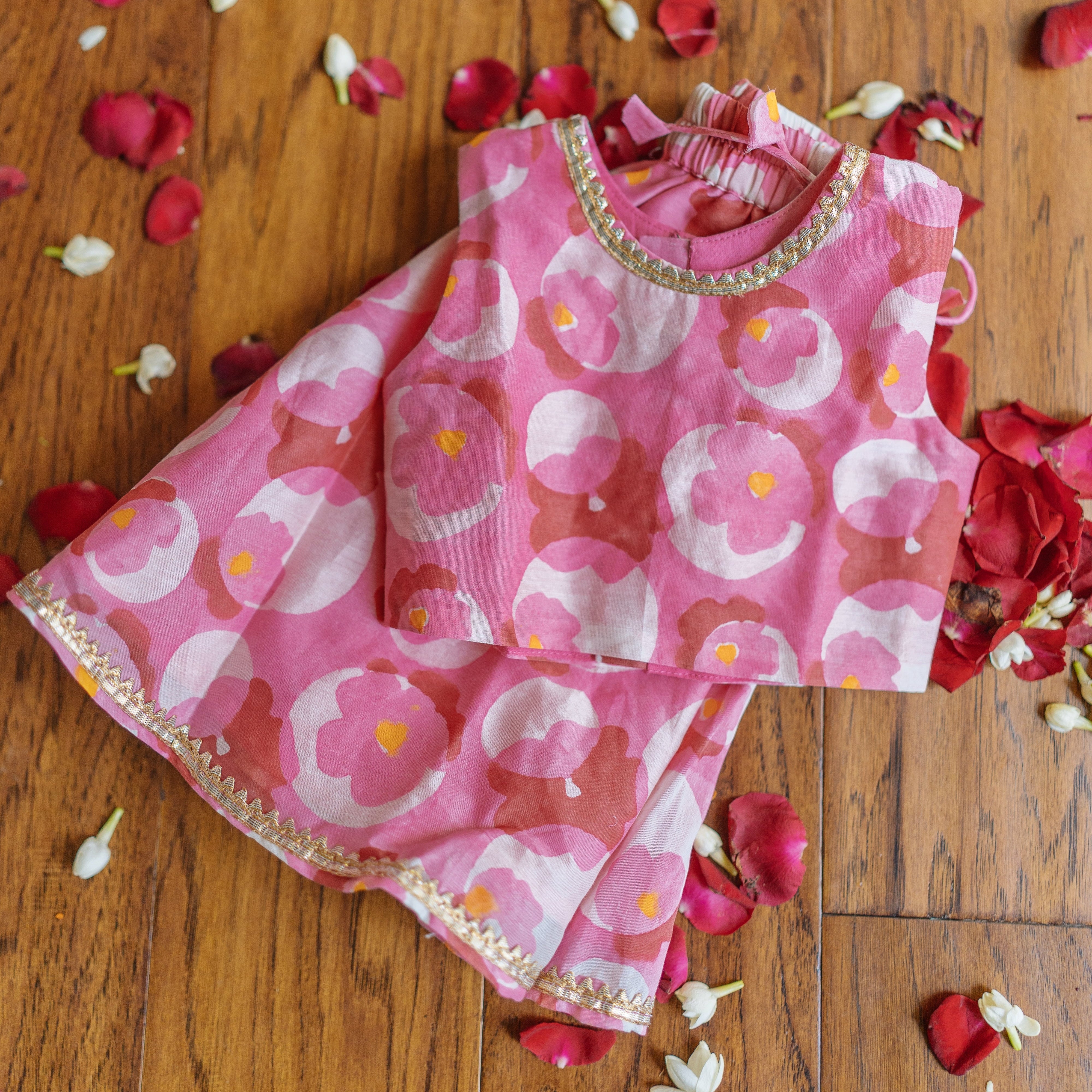 Chanderi Lehenga Set | Hand-Block Printed (Gota Work)