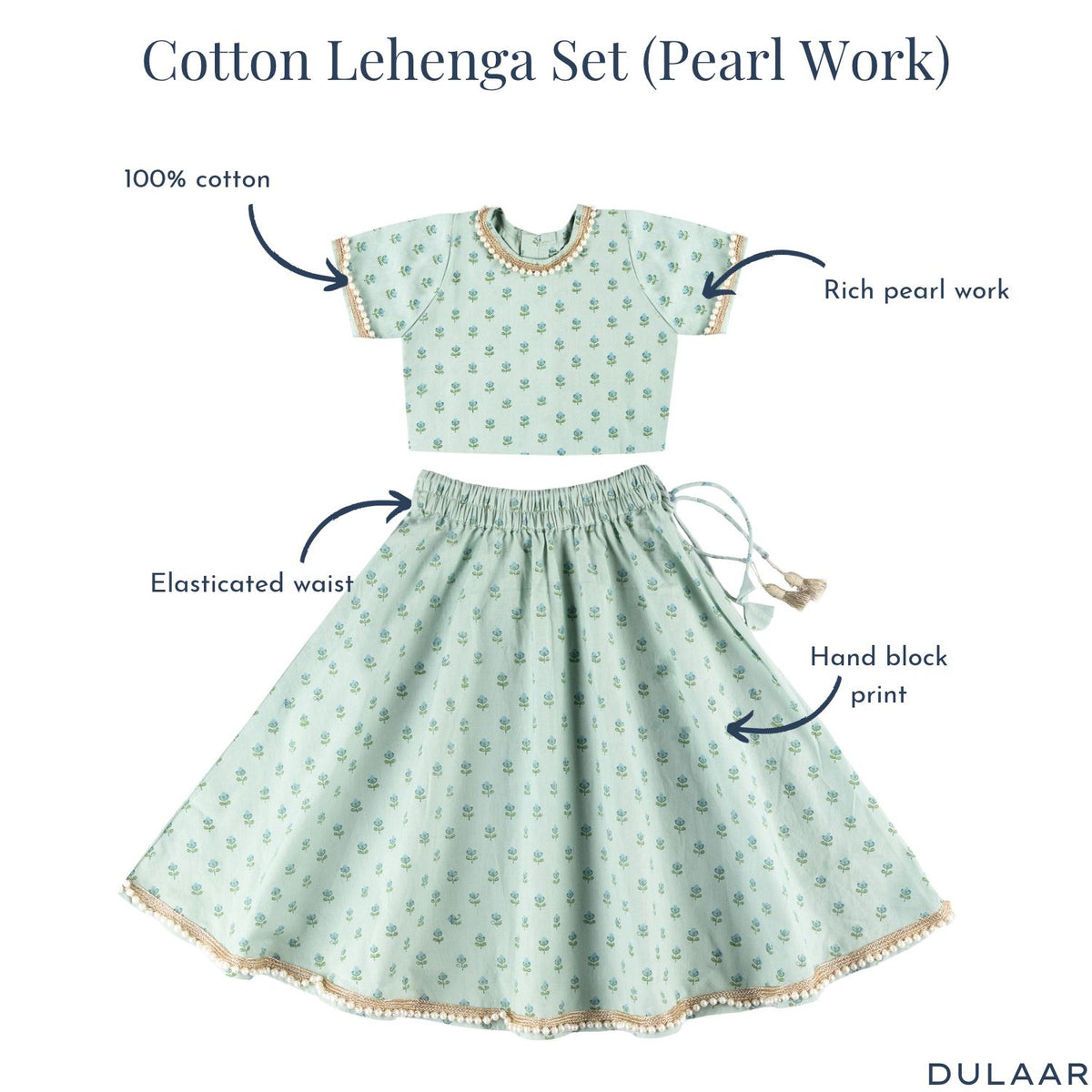 Cotton Lehenga Set | Hand-Block Printed (Pearl Work)
