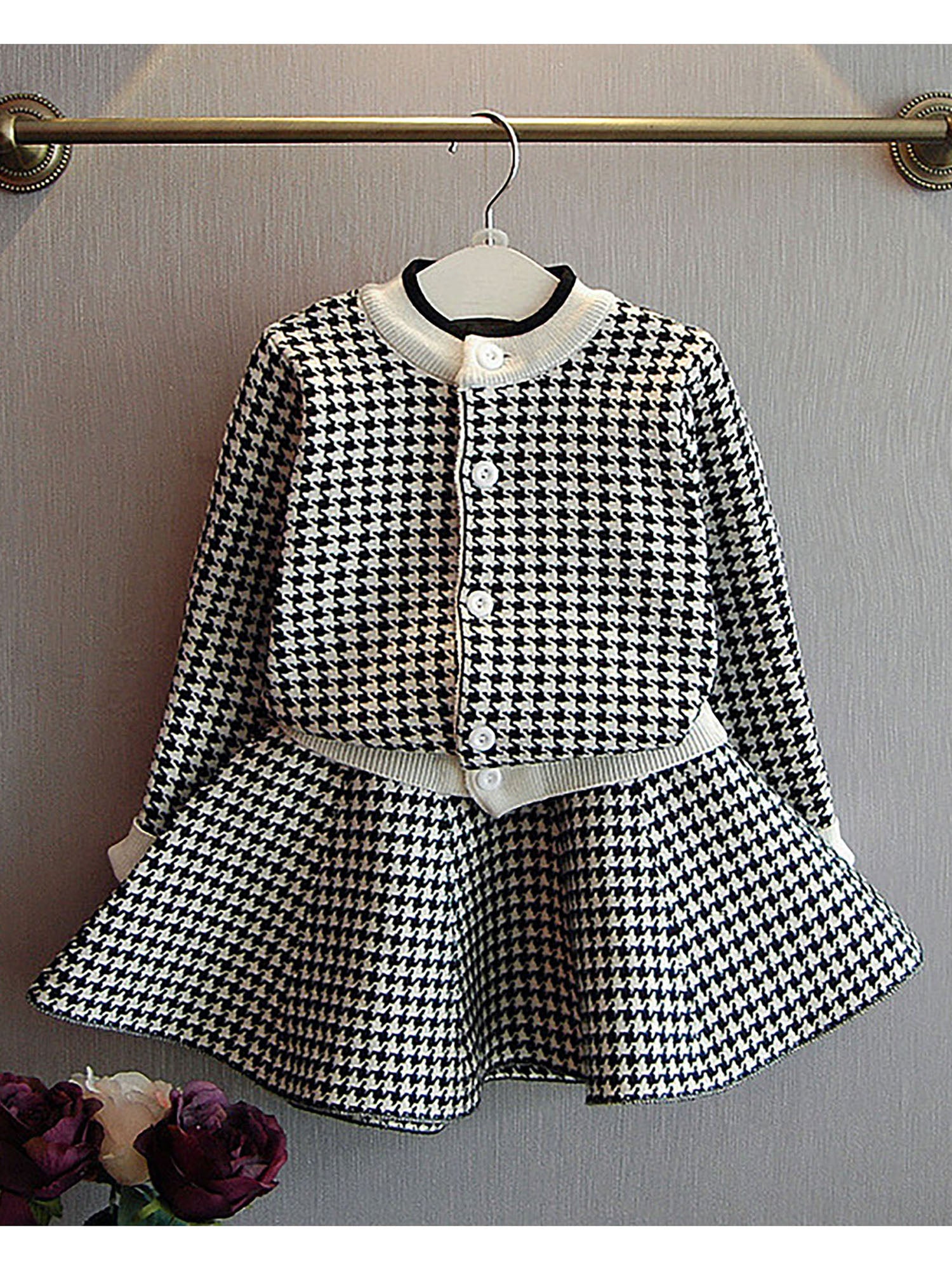 Little Surprise Box Black Houndstooth 2 pcs Cardigan & skirt Winterwear set for Girls