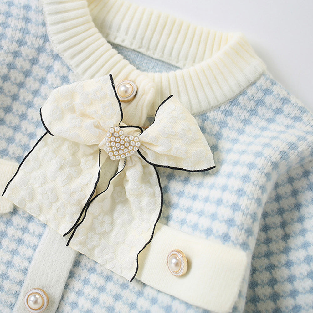 Little Surprise Box, Blue & Cream Big Bow , 2 pc Top & Skirt Set For Toddlers And Kids-2-3Y