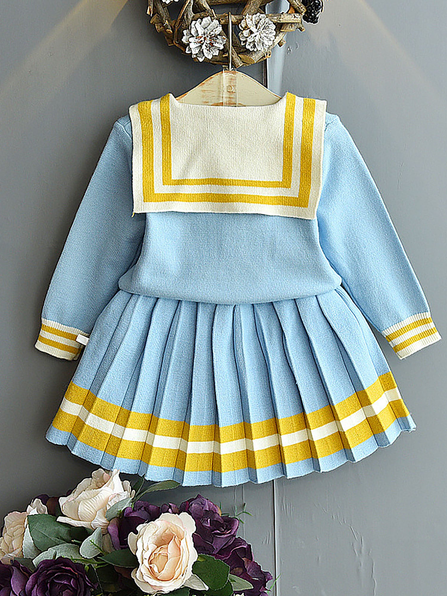 Little Surprise Box Blue & Occur Pleated Bow 2 pcs top & Skirt Winterwear set for Girls