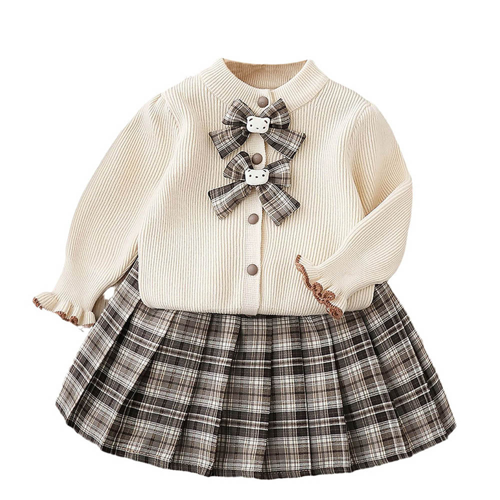 Little Surprise Box 2pcs Cream checks cardigan and Skirt Winterwear set for Girls with 2 matching Teddy Clips