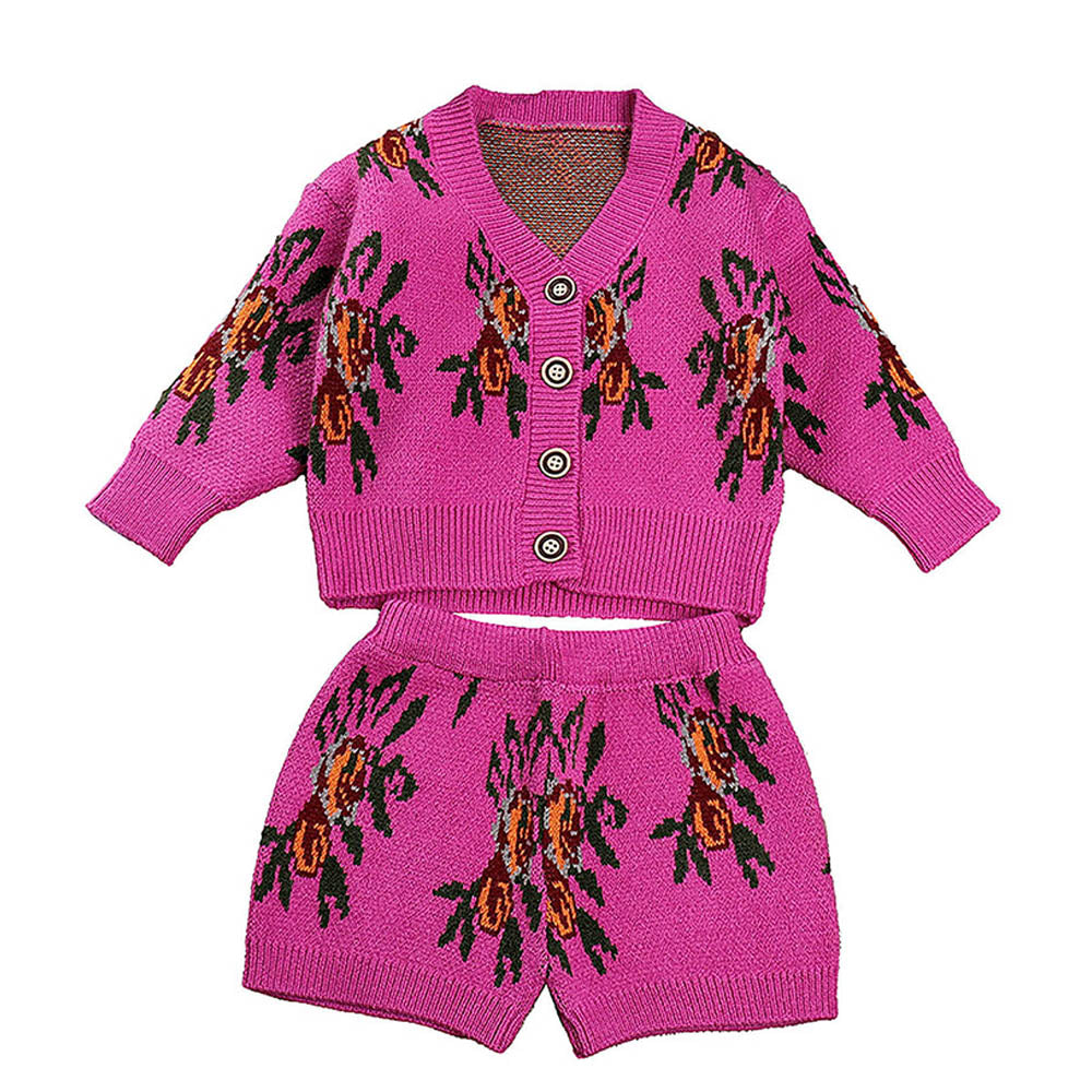 Little Surprise Box 2pcs Magenta Flower Bunch Knitted Cardigan And Shorts Winterwear Set For Girls