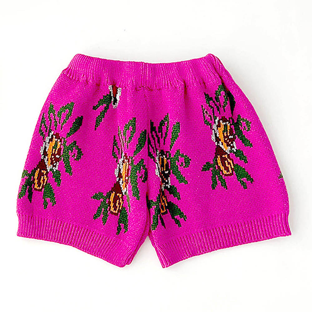 Little Surprise Box 2pcs Magenta Flower Bunch Knitted Cardigan And Shorts Winterwear Set For Girls