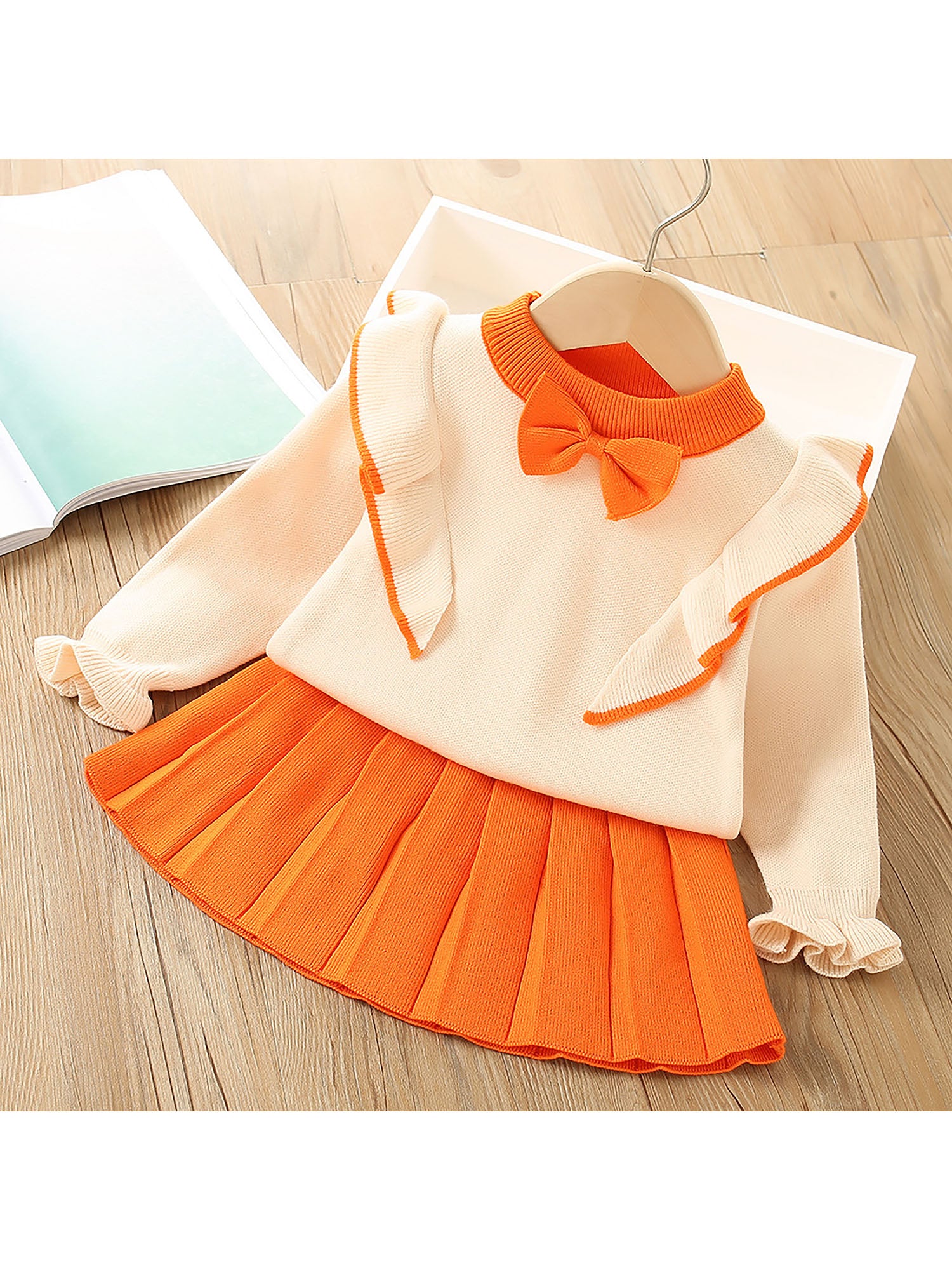 Little Surprise Box Orange Ruffled Shoulder 2 pcs sweatshirt & Skirt Winterwear set for Girls