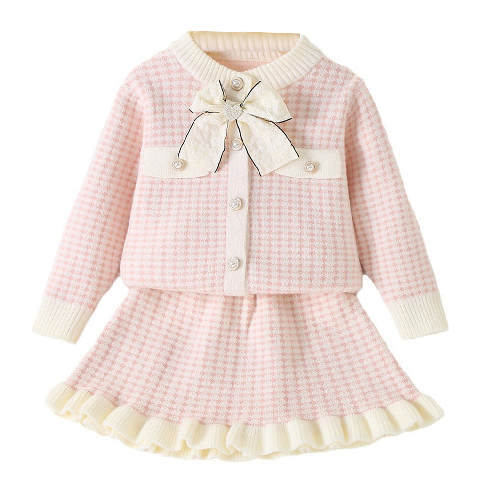 Little Surprise Box, Pink & Cream Big Bow , 2 pc Top & Skirt Set For Toddlers And Kids