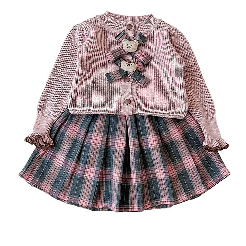 Little Surprise Box 2pcs Pink Checks Cardigan And Skirt Winterwear Set For Girls With 2 Matching Teddy Clips