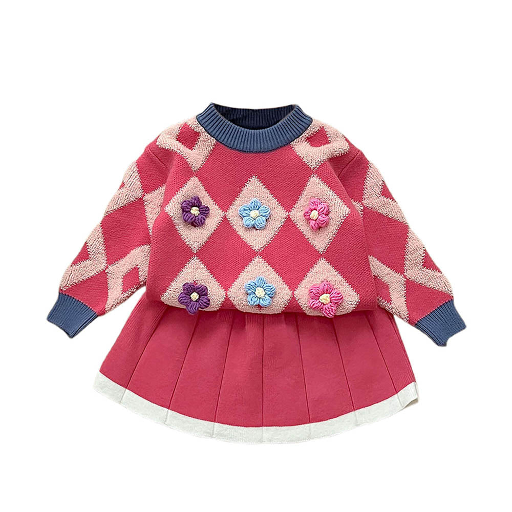 Little Surprise Box 2pcs Occur Diamond Floral Cardigan And Skirt Winter Wear Set For Girls