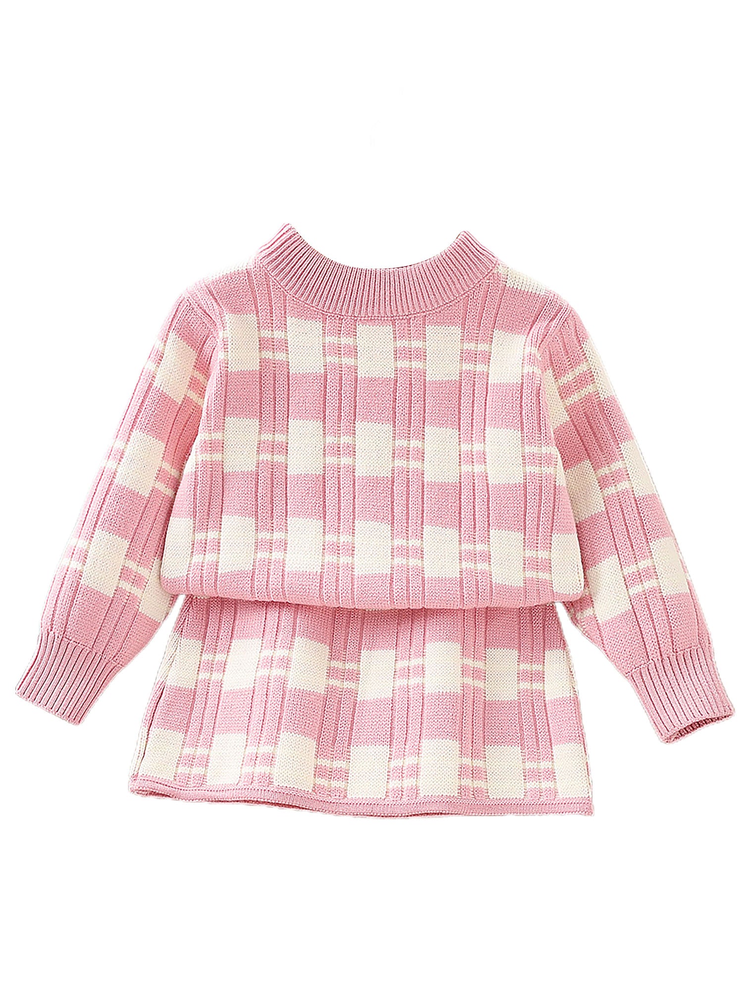 Little Surprise Box Pink & White Checkered Pull over style 2 pcs top & Skirt Winterwear set for Girls