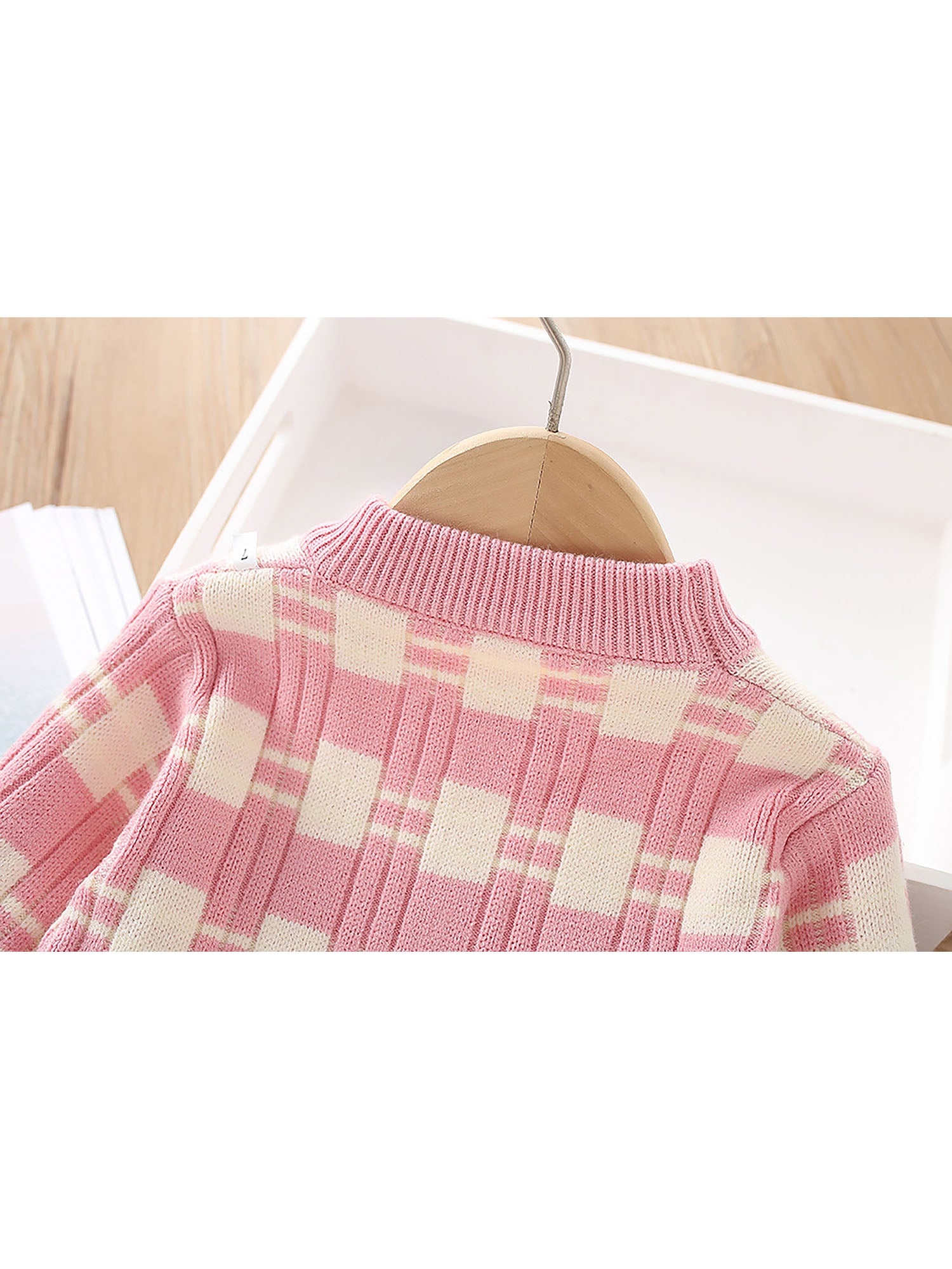 Little Surprise Box Pink & White Checkered Pull over style 2 pcs top & Skirt Winterwear set for Girls