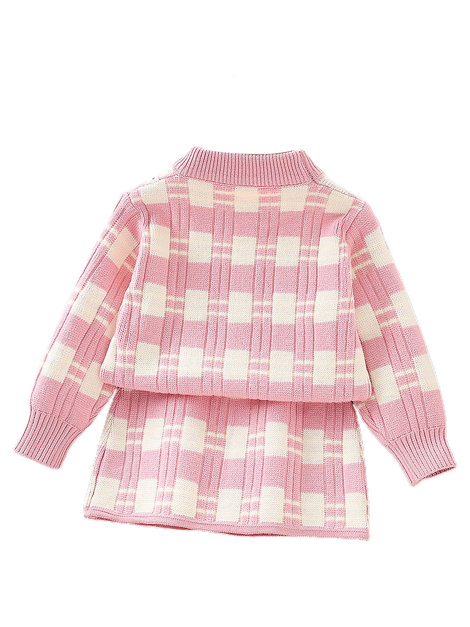 Little Surprise Box Pink & White Checkered Pull over style 2 pcs top & Skirt Winterwear set for Girls