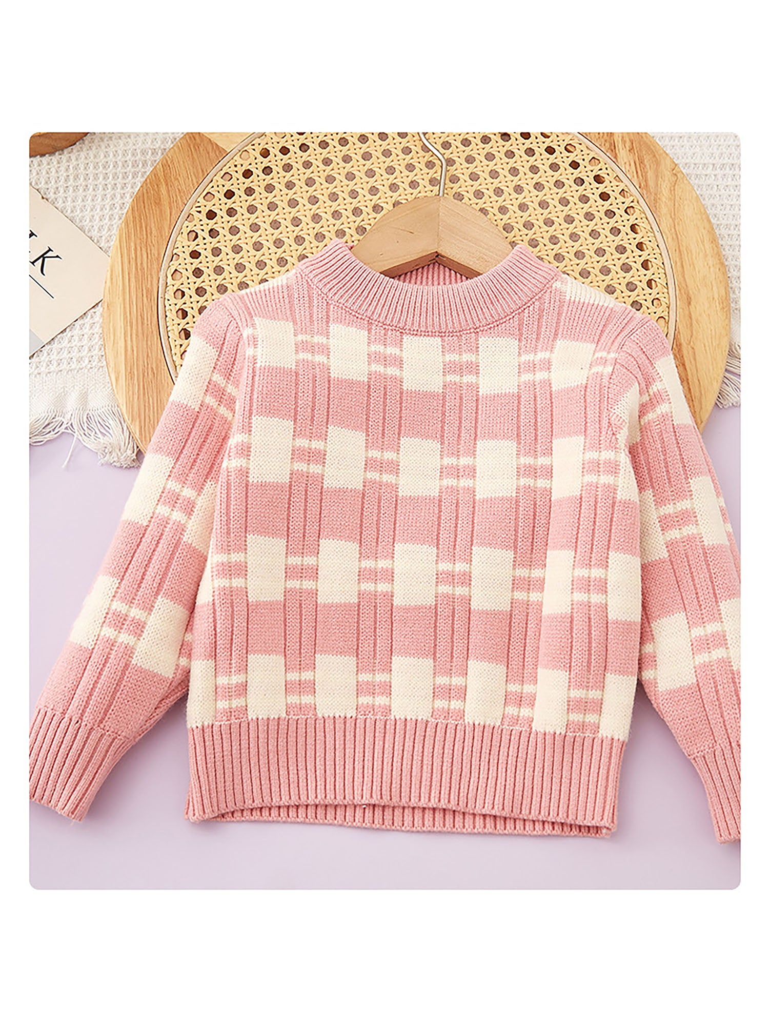 Little Surprise Box Pink & White Checkered Pull over style 2 pcs top & Skirt Winterwear set for Girls