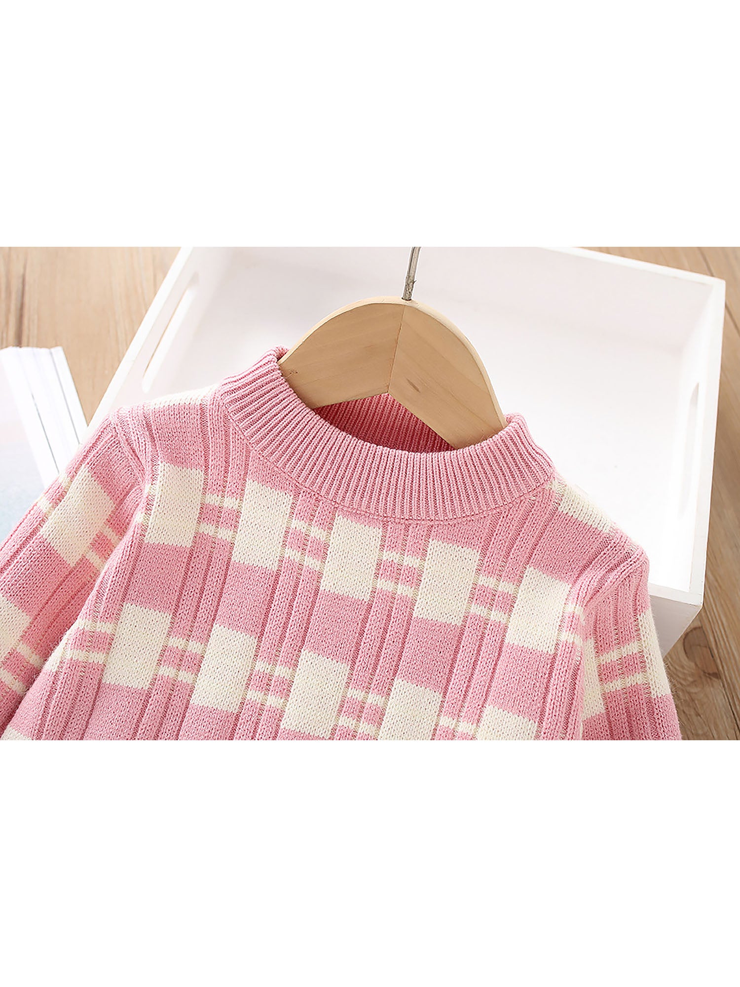 Little Surprise Box Pink & White Checkered Pull over style 2 pcs top & Skirt Winterwear set for Girls