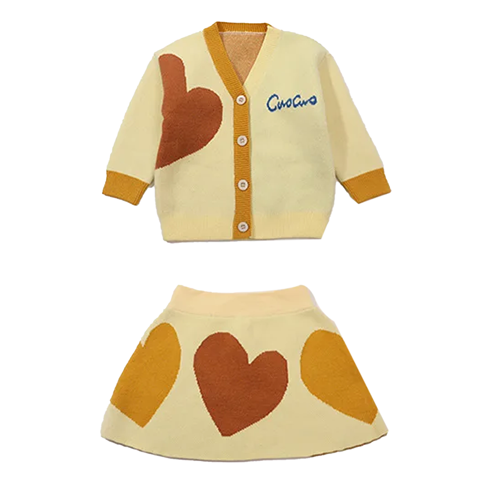 Little Surprise Box, Yellow & Brown Heart , 2 pc Top & Skirt Set For Toddlers And Kids