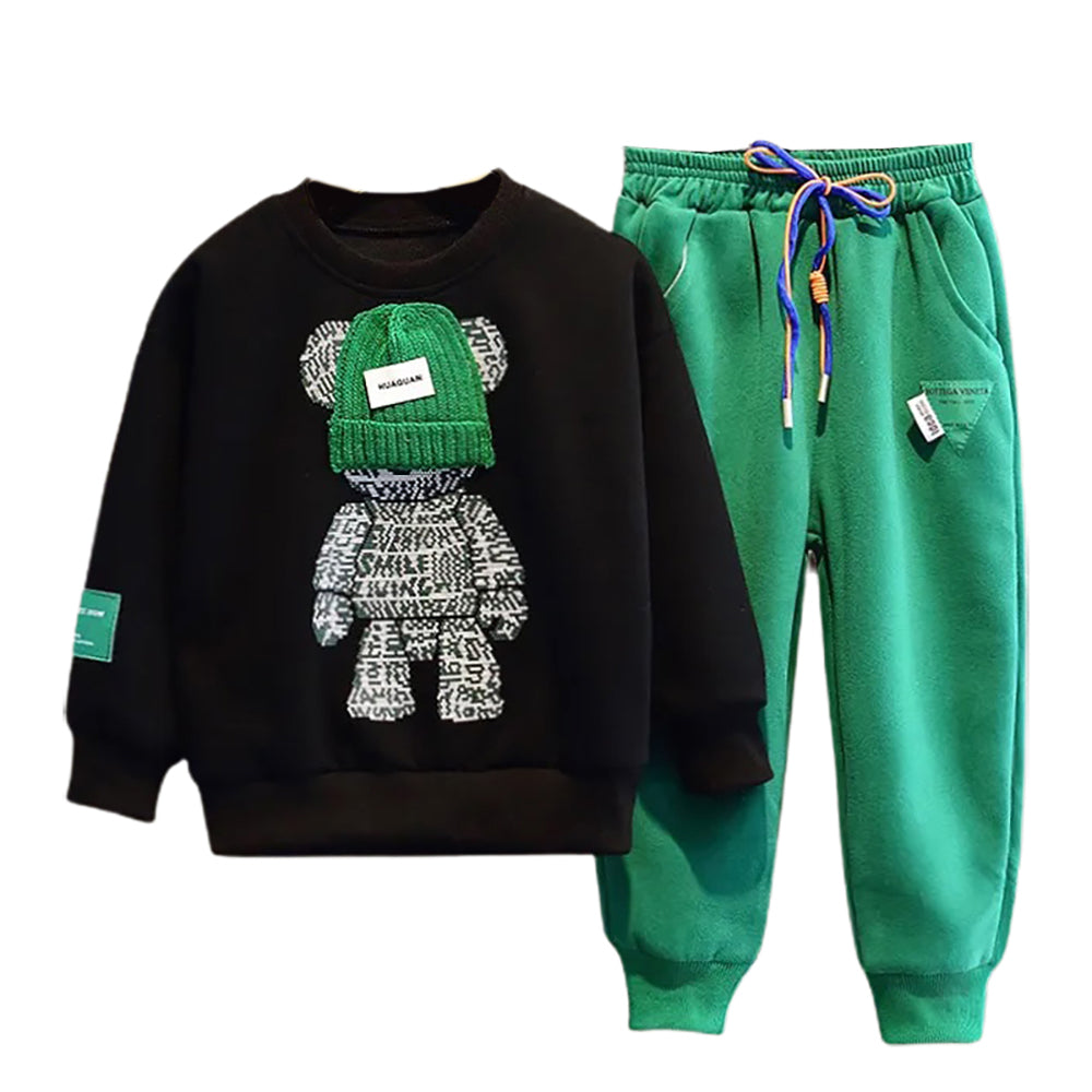 little Surprise Box Black & Green Fuzzy Teddy 2 piece Track Suit set for Kids