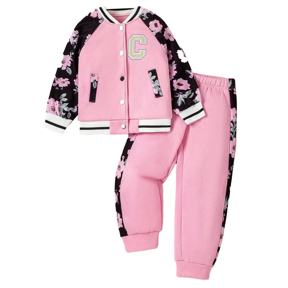 Little Surprise Box, Black & Pink Floral Strip , 2 pc Track Suit Set For Toddlers And Kids