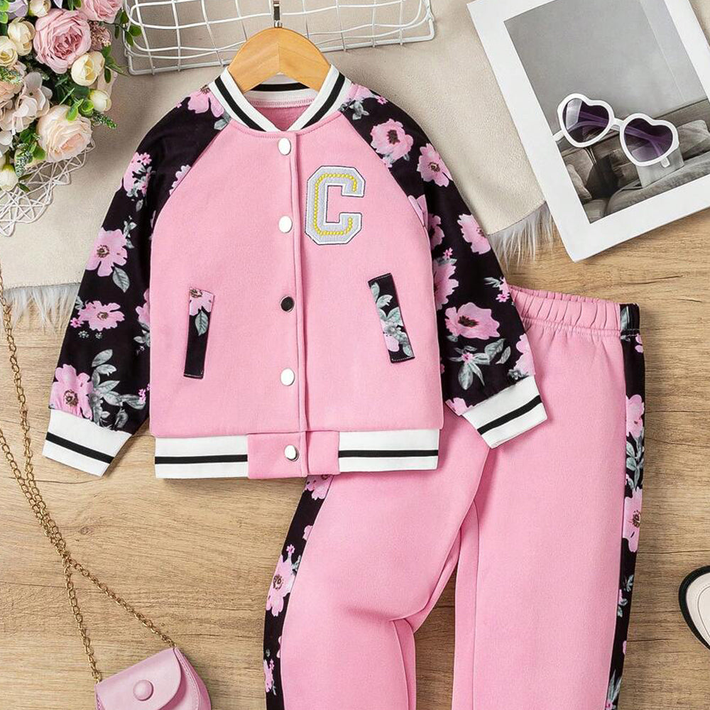 Little Surprise Box, Black & Pink Floral Strip , 2 pc Track Suit Set For Toddlers And Kids