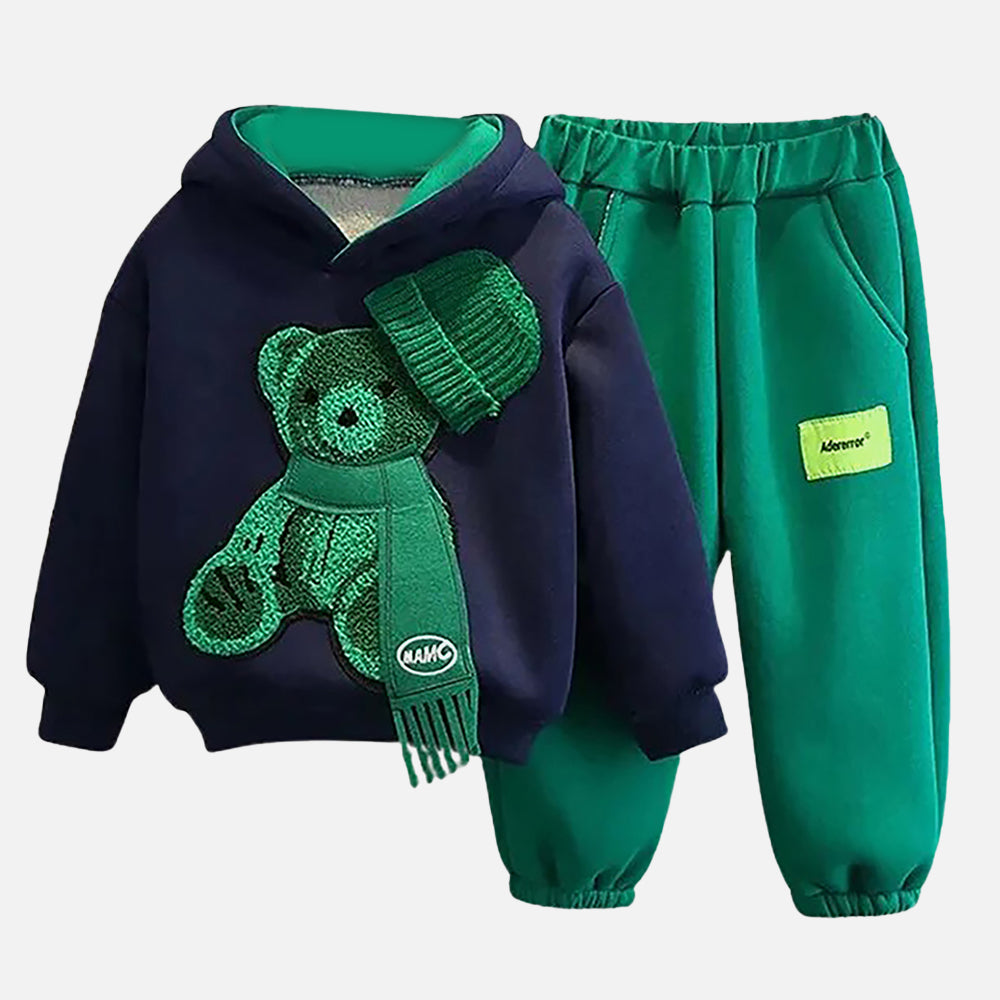 Little Surprise Box Navy & Green Muffler Teddy 2 piece Track Suit set for Kids