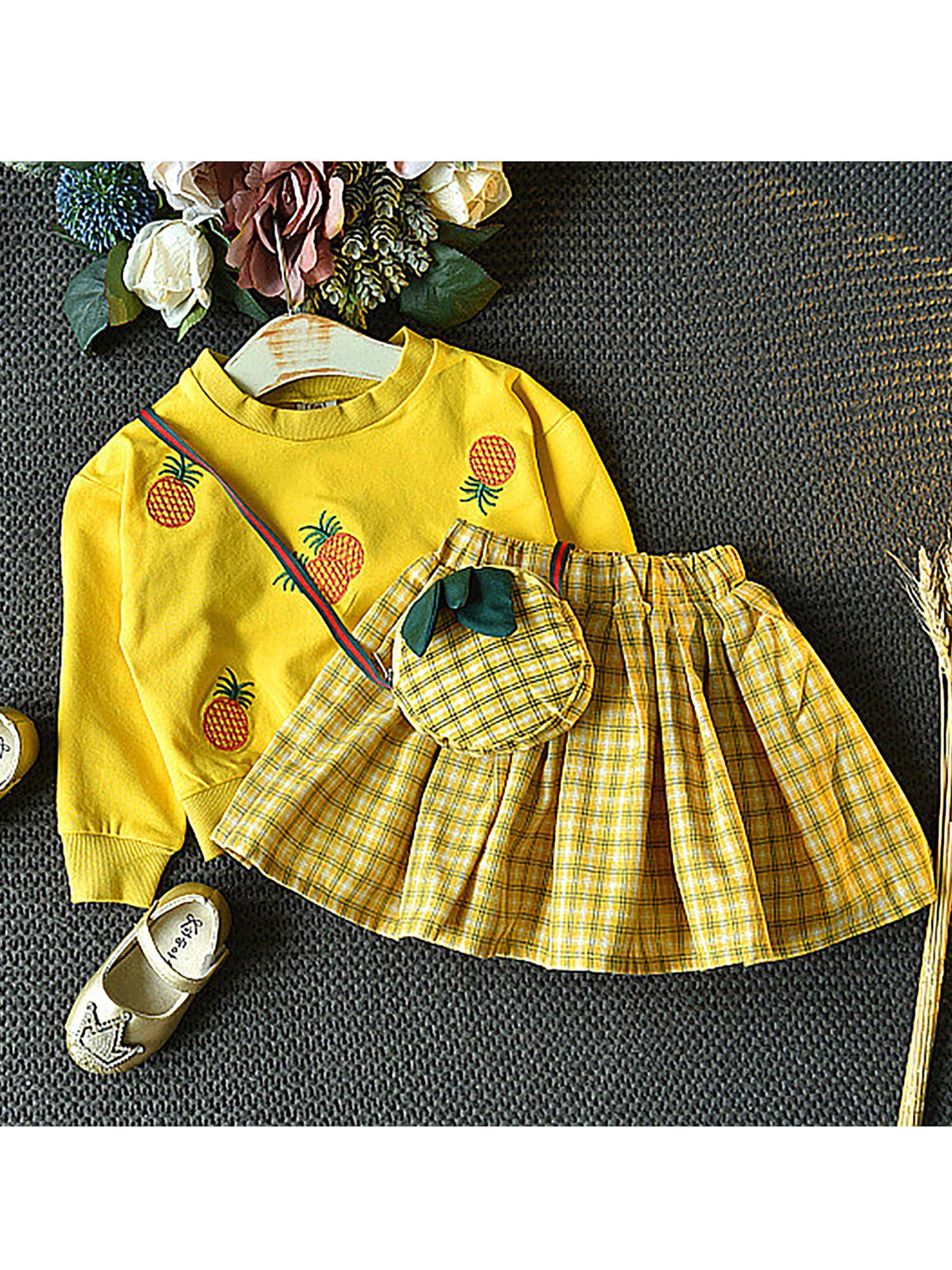 Little Surprise Box 2pcs Yellow Pineapple Sweatshirt, Skirt Winterwear set for Girls