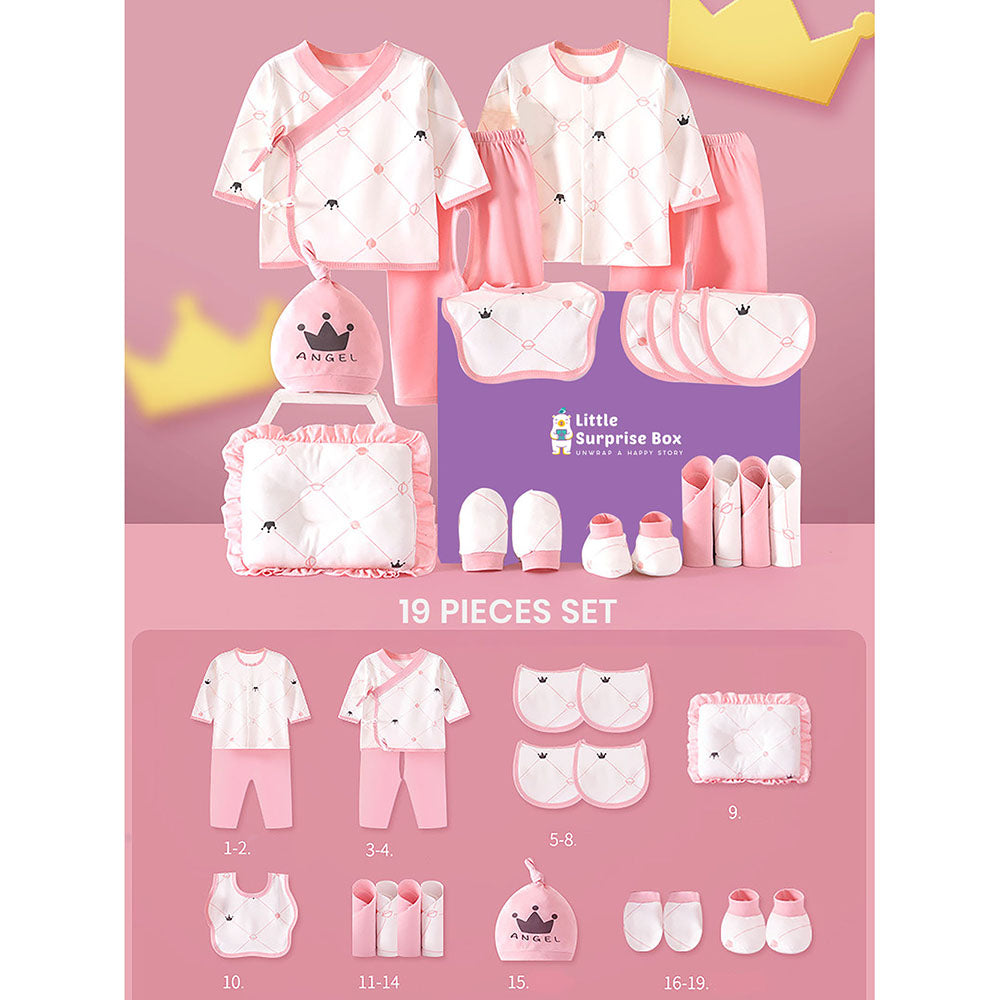 Little Surprise Box 19 Pcs Pink Crown Newborn Baby Girl/ Boy All Season Wear Gift Hamper Box