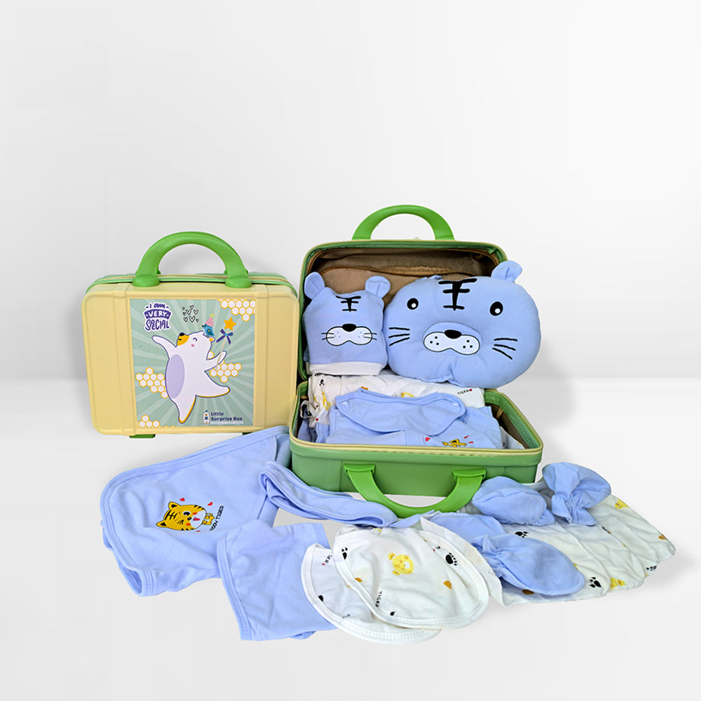 Little Surprise Box 21 Pcs Baby Blue Tiger Newborn Baby Girl/ Boy All Season Wear Gift Hamper With Suitcase