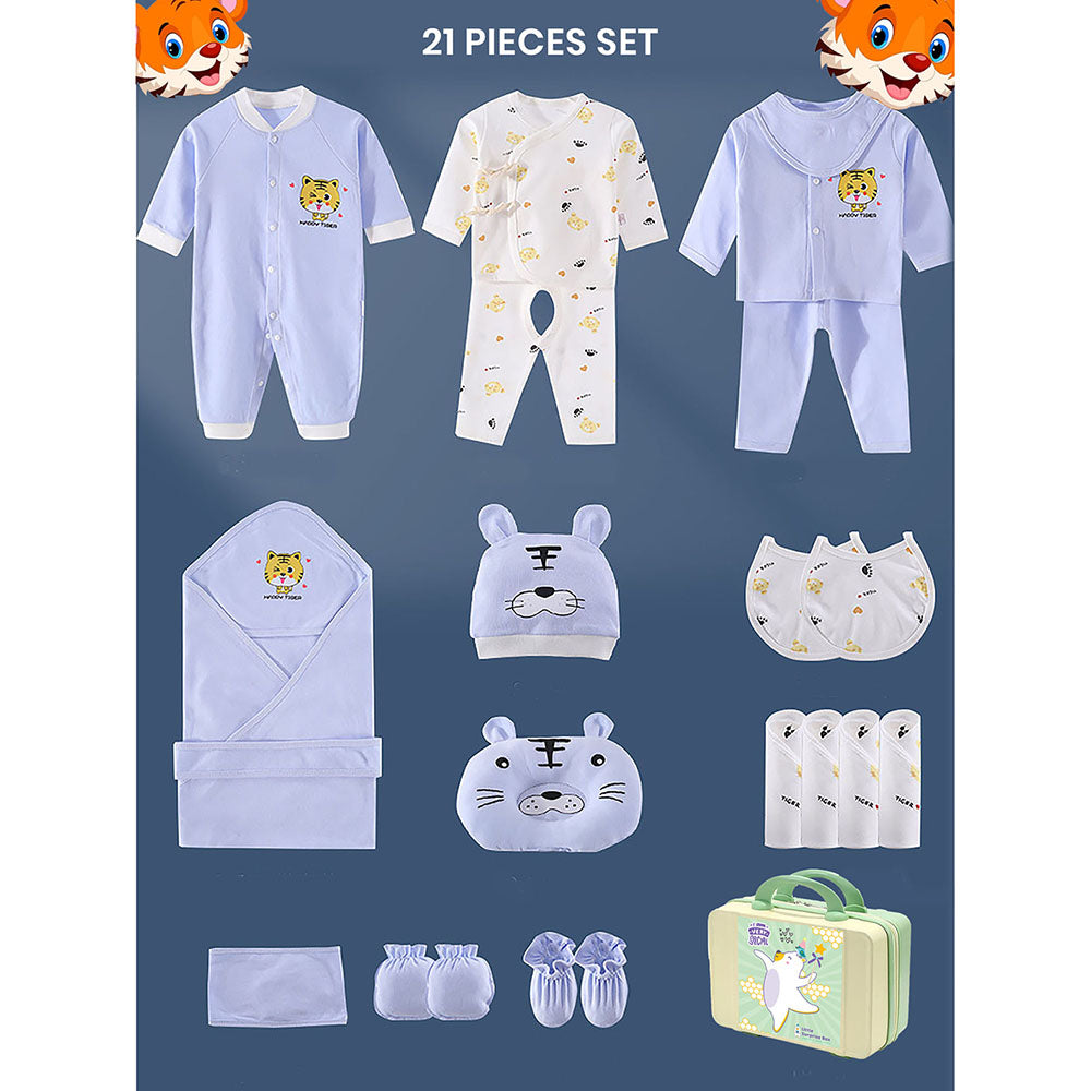 Little Surprise Box 21 Pcs Baby Blue Tiger Newborn Baby Girl/ Boy All Season Wear Gift Hamper With Suitcase