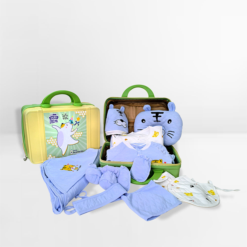 Little Surprise Box 21 Pcs Winter Wear Baby Blue Tiger Newborn Baby Girl/ Boy Gift Hamper With Suitcase