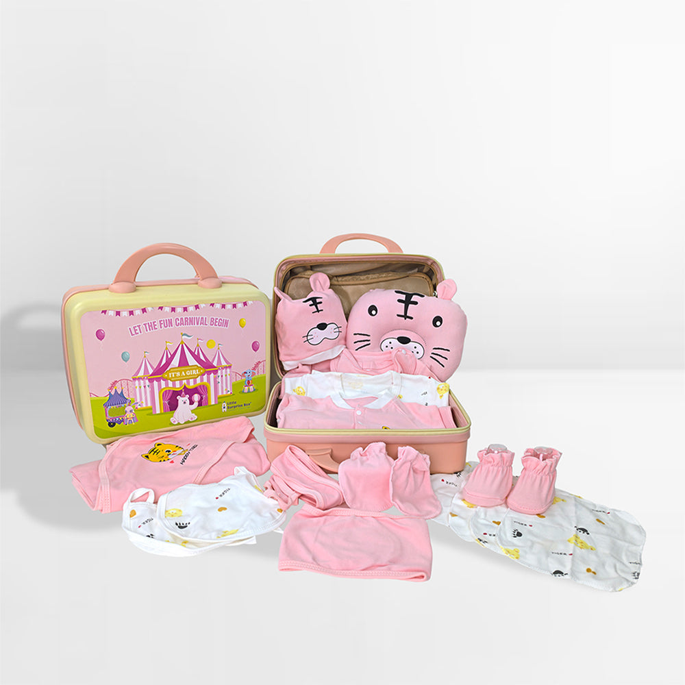 Little Surprise Box 21 Pcs Baby Pink Tiger Newborn Baby Girl/ Boy All Season Wear Gift Hamper With Suitcase