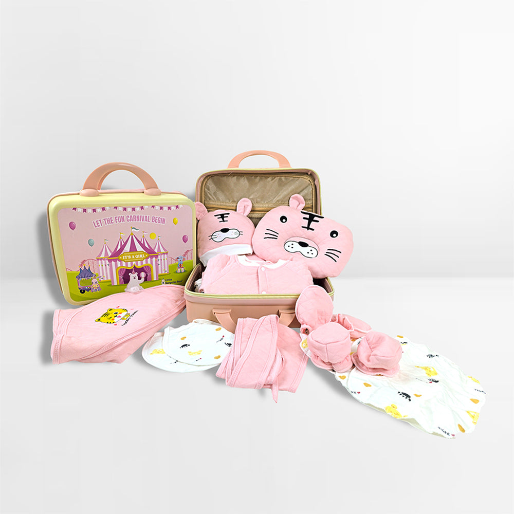 Little Surprise Box 21 Pcs Winter Wear Baby Pink Tiger Newborn Baby Girl/ Boy Gift Hamper With Suitcase