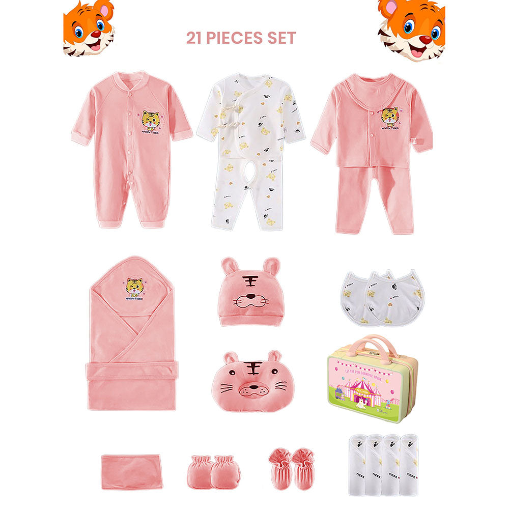 Little Surprise Box 21 Pcs Winter Wear Baby Pink Tiger Newborn Baby Girl/ Boy Gift Hamper With Suitcase