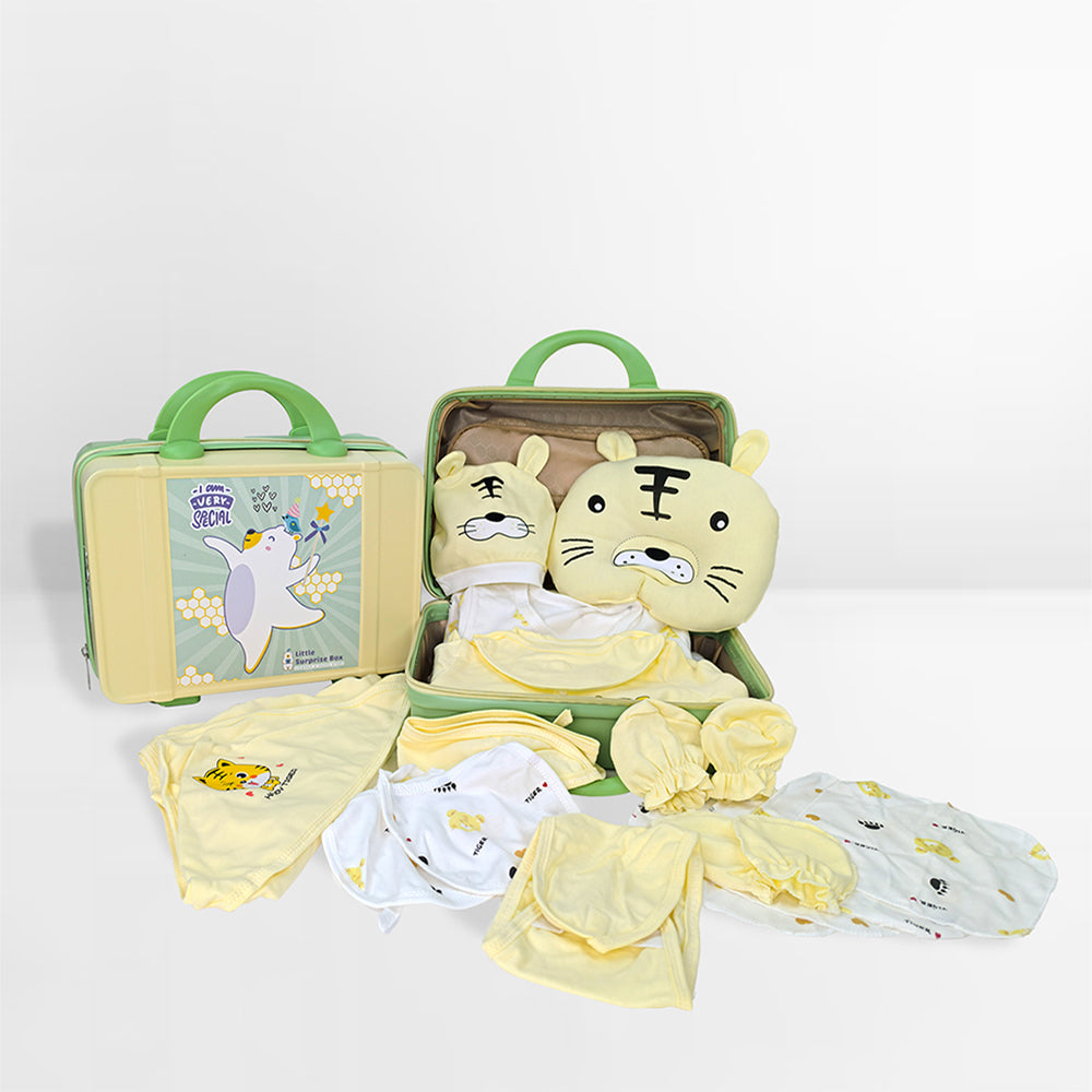 Little Surprise Box 21 Pcs Light Yellow Tiger Newborn Baby Girl/ Boy All Season Wear Gift Hamper With Suitcase