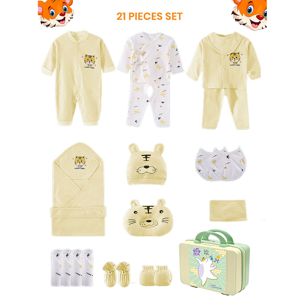 Little Surprise Box 21 Pcs Light Yellow Tiger Newborn Baby Girl/ Boy All Season Wear Gift Hamper With Suitcase